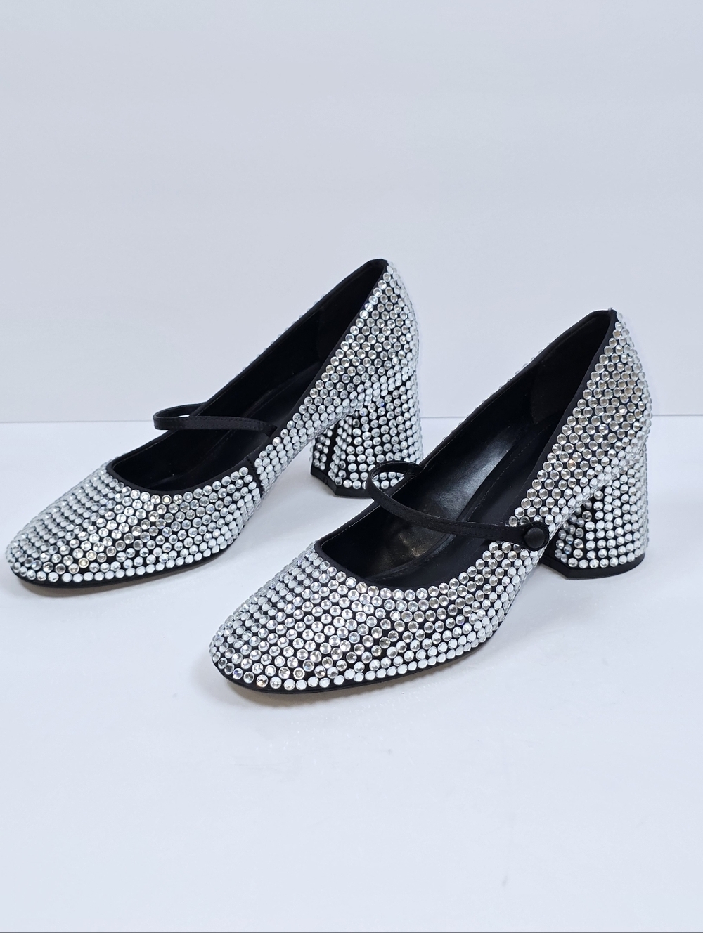 Mango Silver Rhinestone Mary Jane Block Heel Pumps Crystal Embellished Size 38 - Picture 3 of 12